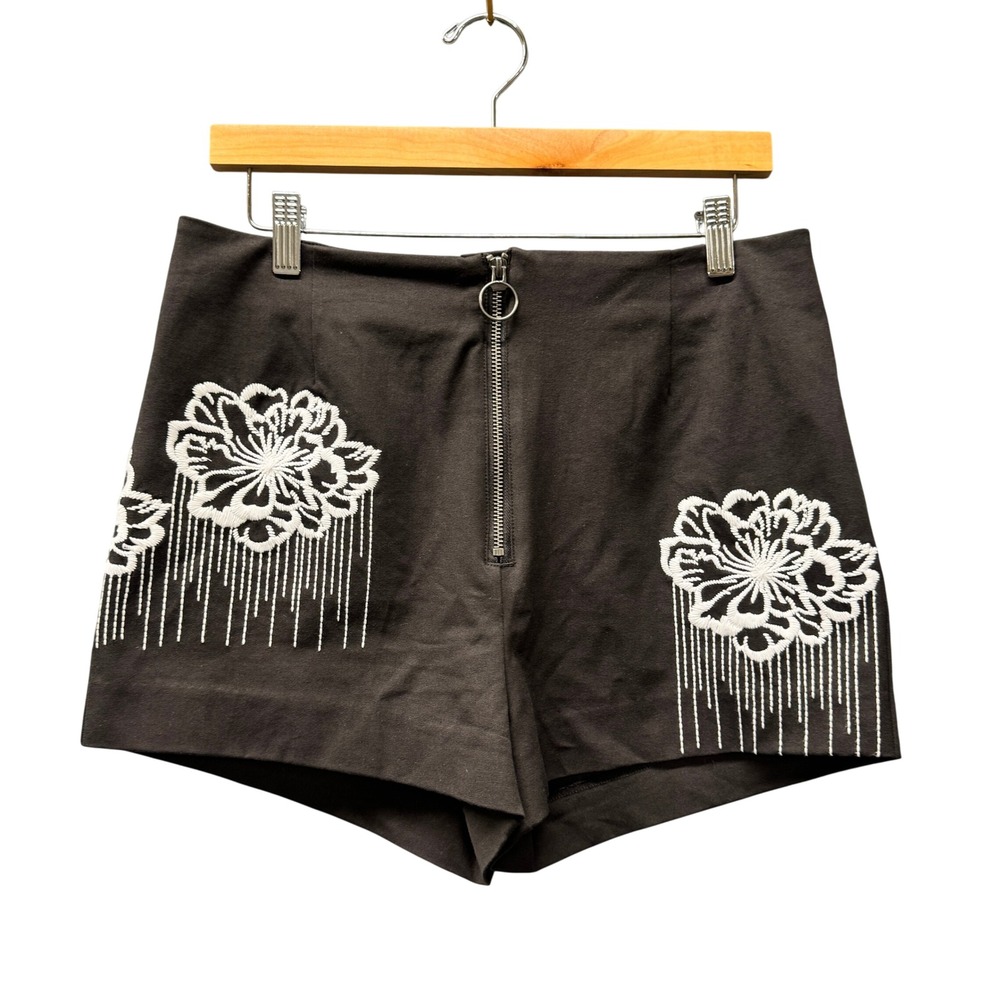 Maeve Shorts Womens 10 (31x2) Embroidered Micro Short Floral Black Boho Zip Up